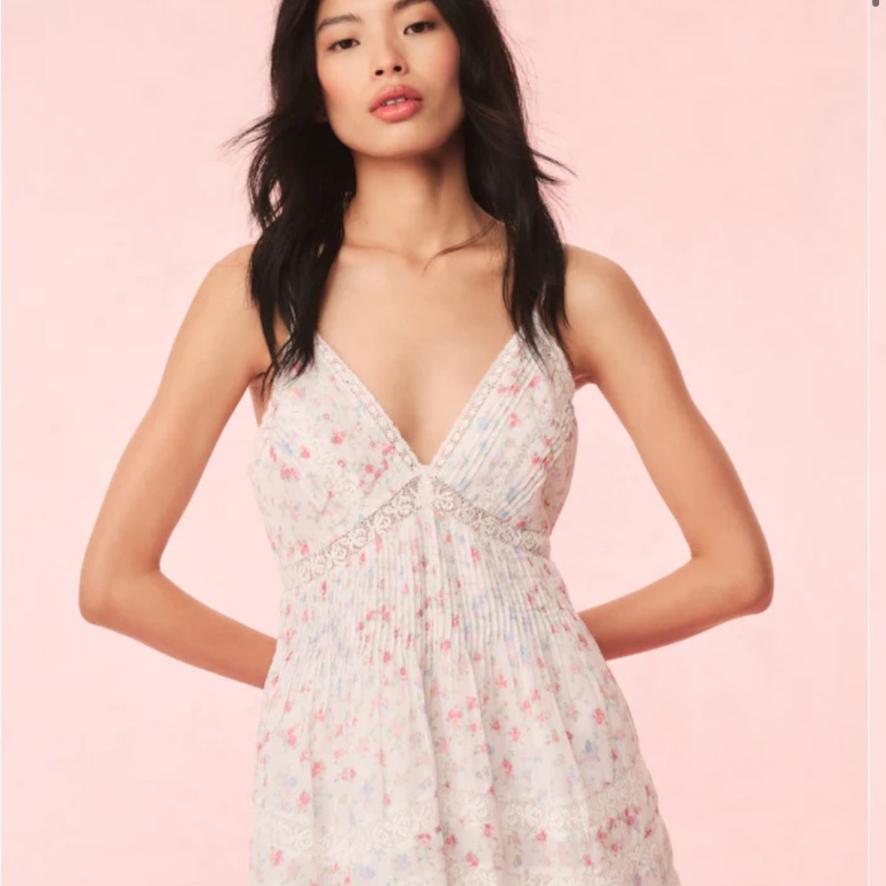 LoveShackFancy Floral Mini Dress in White and Pink